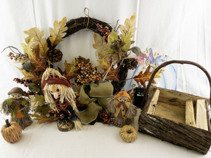 lot 125 image: Fall Decor Collection with Scarecrows, Wreath, Pumpkins, and Rustic Basket