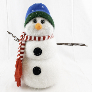 lot 129 image: Plush Snowman Holiday Decor with Blue Hat and Red Scarf