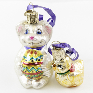 lot 138 image: Set of 2 Glass Old World Christmas Easter Ornaments Bunny and Chick with Ribbons