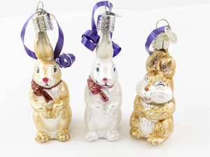 lot 141 image: Set of 3 Old World Christmas Glass Bunny Rabbit Ornaments with Purple Ribbon