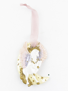 lot 151 image: Kirks Folly Pegasus and Crescent Moon Ornament with Pink Ribbon