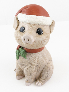 lot 156 image: Pig Figurine with Santa Hat and Holly Holiday Decor