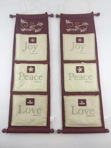lot 160 image: Set of 2 Fabric Hanging Holiday Wall Pockets Joy Peace Love