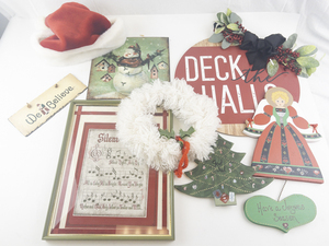 lot 163A image: Assorted Christmas Holiday Decor Lot with Signs, Santa Hat, and Wreath