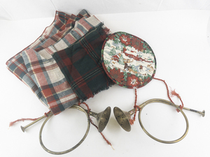 lot 16K image: Holiday Lot with Brass Bugle Horns, Plaid Table Linens, and Christmas Potholder