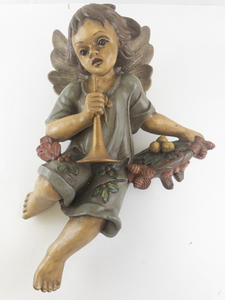 lot 16N image: Large Decorative Wall Hanging Angel Figurine with Trumpet and Fruit Basket
