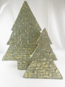 lot 16O image: Set of 2 Decorative Paper Mache Christmas Tree Boxes Gold and Green