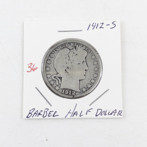 lot 36 image: 1912-S Barber Half Dollar Silver Coin