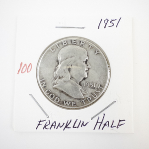 lot 100 image: 1951 Franklin Half Dollar Silver Coin