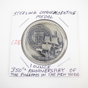 lot 125 image: Sterling Silver 350th Anniversary Pilgrims Landing Commemorative Medal