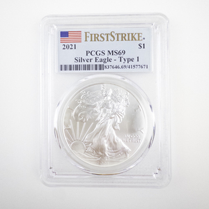 lot 128 image: 2021 PCGS MS69 Silver Eagle Type 1 First Strike 1 Ounce Coin