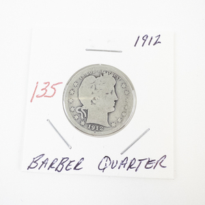 lot 135 image: 1912 Barber Quarter Dollar Silver Coin