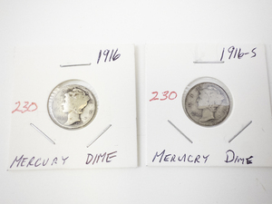 lot 230 image: 1916 and 1916-S Mercury Dime Silver Coins in Holders