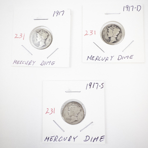lot 231 image: Set of 3 Mercury Dimes 1917, 1917-D, 1917-S U.S. Silver Coins