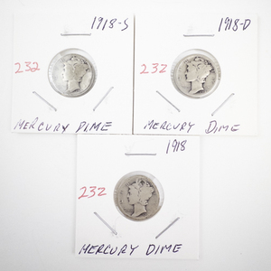 lot 232 image: Lot of 3 1918 Mercury Dimes S and D