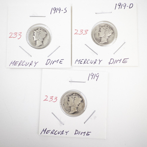 lot 233 image: Lot of 3 1919, 1919-D, and 1919-S Mercury Dime Collection