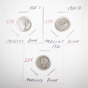 lot 234 image: Set of 3 1920 Mercury Dimes 1920-S 1920-D 1920 US Silver Coins