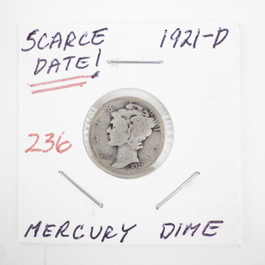 lot 236 image: 1921-D Mercury Dime Scarce Date US Silver Coin