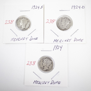 lot 238 image: Set of 3 Mercury Dimes 1924, 1924-S, 1924-D