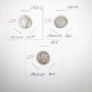 lot 239 image: 1925, 1925-S, and 1925-D Mercury Dime Silver Coins Set