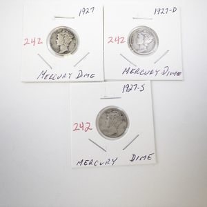 lot 242 image: 1927 Mercury Dime Set with 1927, 1927-D, and 1927-S