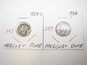 lot 243 image: 1928 and 1928-S Mercury Dimes in 2x2 Holders
