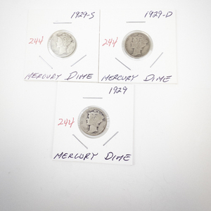 lot 244 image: 1929 Mercury Dime Coin Lot Including 1929, 1929-S, and 1929-D