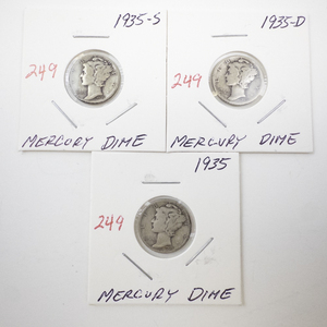 lot 249 image: 1935 Mercury Dime Coin Trio - 1935, 1935-D, 1935-S