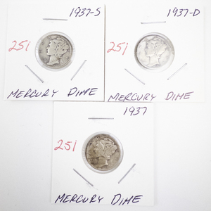 lot 251 image: Set of 3 1937 Mercury Dime Trio 1937, 1937-D, 1937-S