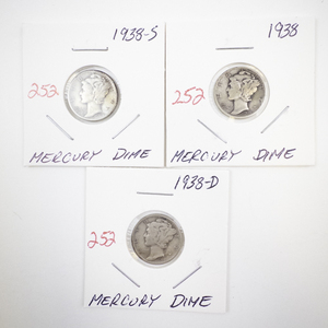 lot 252 image: Lot of 3 Mercury Dimes 1938-S, 1938, 1938-D