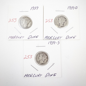 lot 253 image: Set of 3 Mercury Dimes 1939, 1939-D, 1939-S