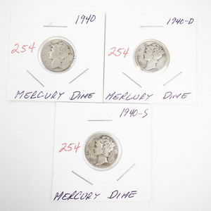 lot 254 image: 1940 Mercury Dime Coin Set Including 1940, 1940-D, 1940-S