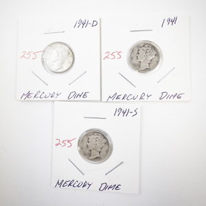 lot 255 image: Set of 3 Mercury Dimes 1941, 1941-D, 1941-S