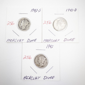 lot 256 image: Set of 3 1947 Mercury Dimes Including 1947-S, 1947-D, and 1947