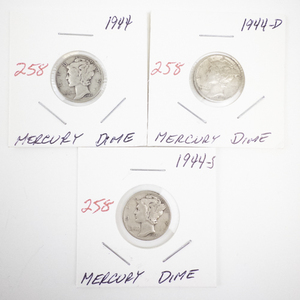 lot 258 image: Lot of 3 Mercury Dimes 1944, 1944-D, 1944-S