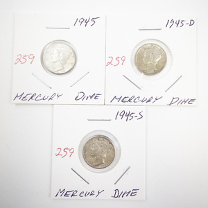 lot 259 image: Set of 3 1945 Mercury Silver Dimes (P, D, S Mint Marks)