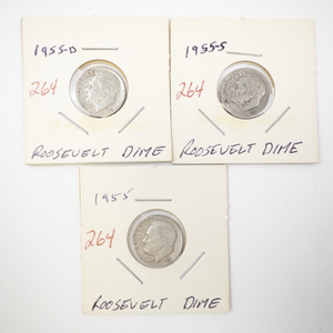 lot 264 image: Set of 3 Roosevelt Dimes 1955, 1955-D and 1955-S