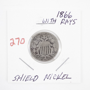 lot 270 image: 1866 Shield Nickel with Rays 5 Cents Coin