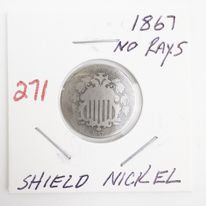 lot 271 image: 1867 Shield Nickel No Rays US 5 Cent Coin