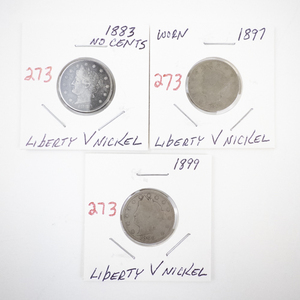 lot 273 image: Collection of 3 Liberty V Nickels 1883 No Cents, 1897, 1899