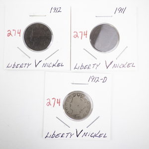 lot 274 image: Set of 3 Nickels 1911, 1912, and 1912-D Liberty V Nickels
