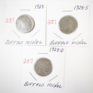 lot 287 image: Lot of 3 Buffalo Nickels 1928, 1928-D, and 1928-S