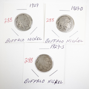 lot 288 image: 1929 Buffalo Nickel Coin Trio Including 1929, 1929-D, 1929-S