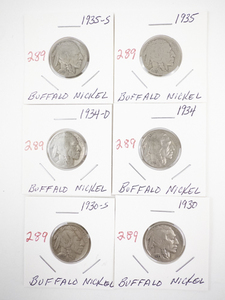 lot 289 image: Set of 6 Buffalo Nickels 1930-1935 Assorted Dates and Mints