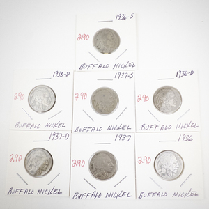 lot 290 image: Set of 7 Buffalo Nickels 1936-1937 Mixed Mint Marks