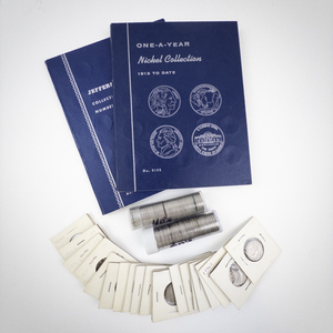lot 292 image: Jefferson Nickel Starter Set with 2 Empty Albums, Rolls, and 20 Loose Coins