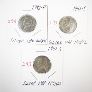 lot 293 image: Set of 3 1942 Silver War Nickels PS Mintmarks