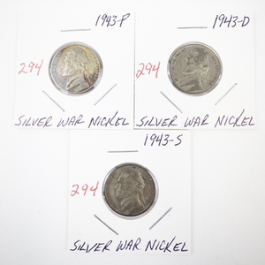 lot 294 image: Lot of 3 Silver War Nickels 1943-P, 1943-D, 1943-S