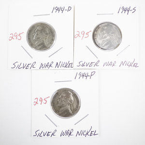 lot 295 image: Set of 3 Silver War Nickels 1944-P, 1944-D, 1944-S