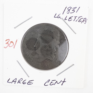 lot 301 image: 1831 Large Cent Coin with Large Letters